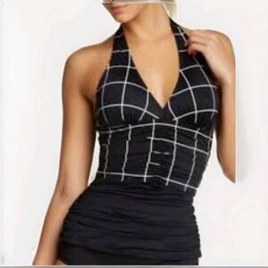 SPANX  black white Ruched Slimming Tankini top womens 10 flattering slimming